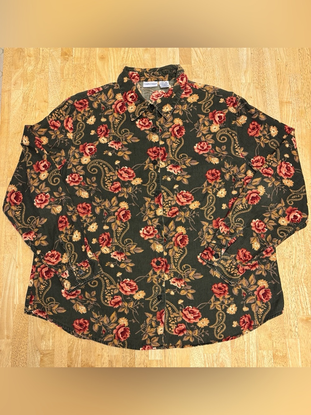 VTG Cabin Creek Floral Paisley Corduroy Button Up Shirt Olive Green Cotton XL
